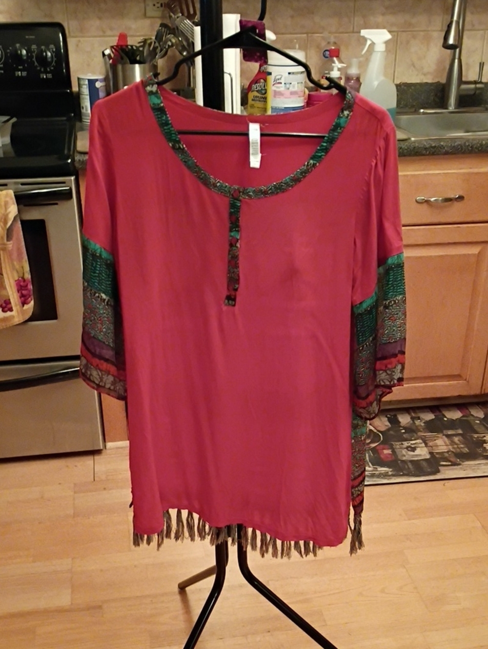 Coral Fringe Tunic with Green Patterned Trim